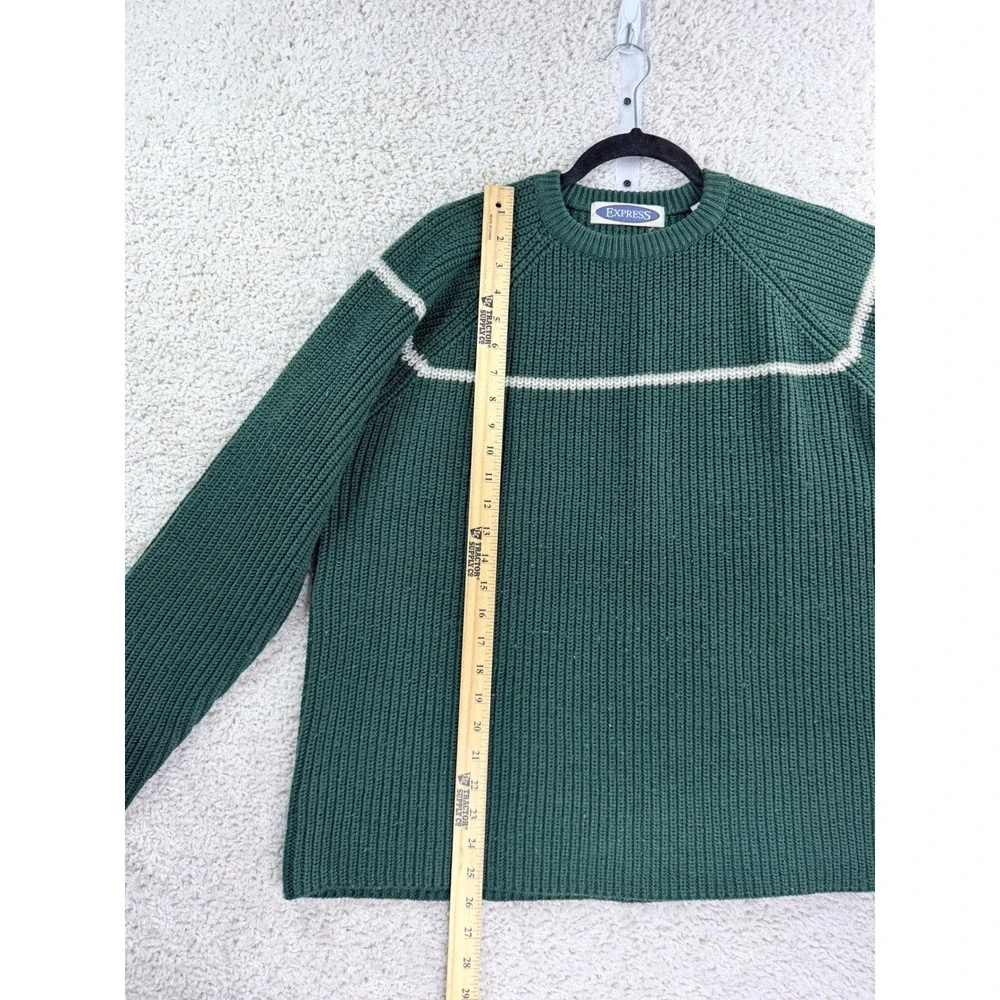 Vintage Express Sweater Women XL Green Ribbed Knit Crewneck Raglan Stripe - Picture 4 of 7
